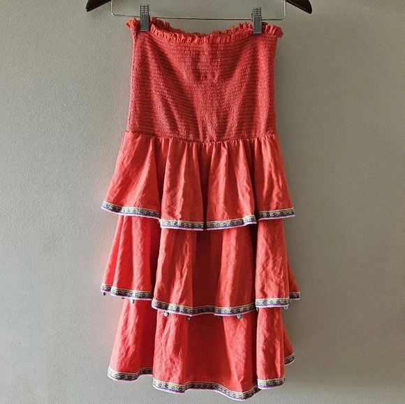 Pitusa Inca Samba Strapless Ruffled Boho Casual  Mini Hippie Dress In Orange. - Picture 13 of 14